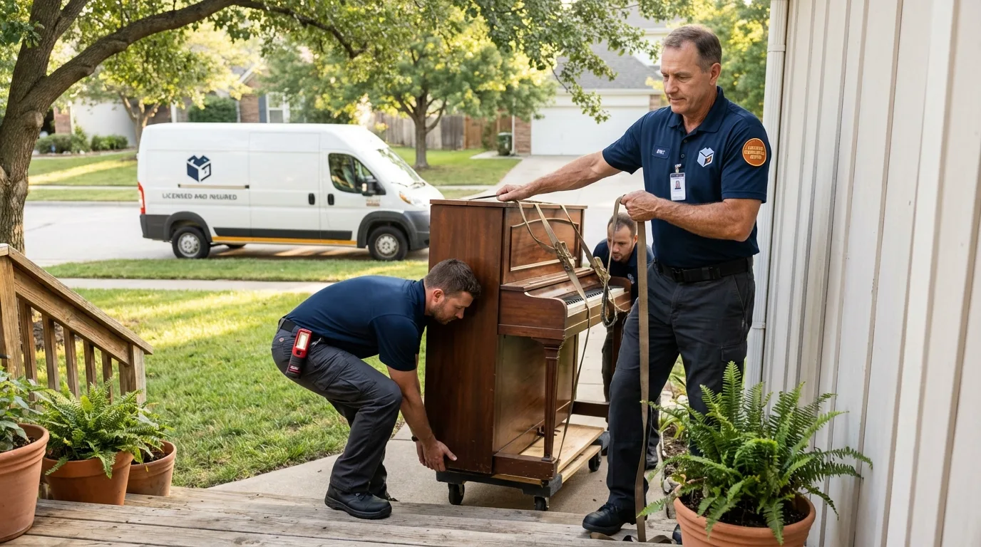 Licensed piano movers securing grand piano in Brownsville, TN