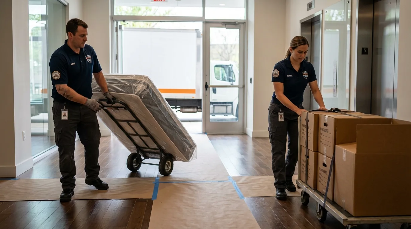 Professional apartment movers loading elevator in Brownsville, TN